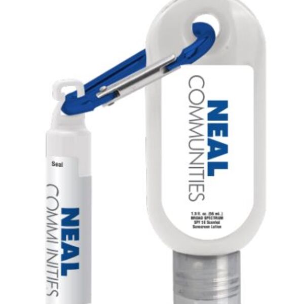 1.9 oz SPF 30 Sunscreen with Carabiner and SPF 15 Lip Balm in White Tube with Hook Cap Thumbnail
